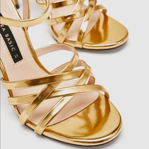 Zara Shoes Zara Laminated Strappy Gold Sandals Crossed Straps